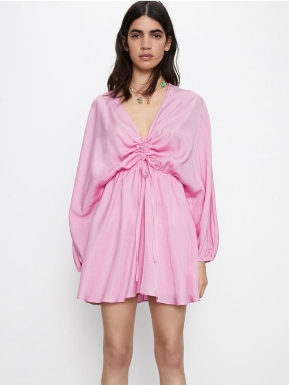 Zara Pink Ruched V-Neck Mini Dress